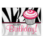Zebra Print Birthday Card with Pink Cupcake
