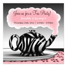 Zebra Print Teapot Tea Party Birthday Invitations