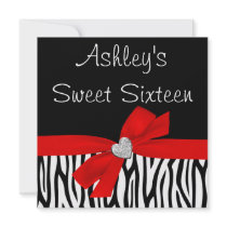 Zebra Red Bow Diamond Sweet 16 Invitations