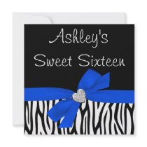 Zebra Royal Blue Bow Diamond Sweet 16 Invitations