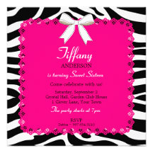 Zebra Stripes with Hot Pink Lace Sweet 16 Birthday Custom Invitation