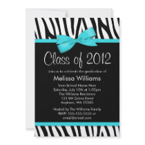 Zebra Teal Blue Printed Bow Graduation Party Custom Invitation