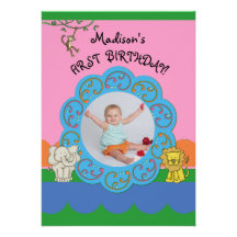 Zoo Funnies Girl First Birthday Photo Personalized Invitations
