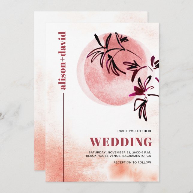 Βranch and moon Qr code Japandi wedding Invitation (Front/Back)