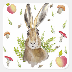 Симпатичный заяц на фоне яблок и грибного  keychai square sticker