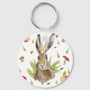 Симпатичный заяц на фоне яблок и грибного keychain