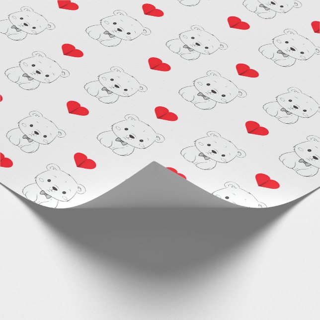 Сute bear cub, the bow tie man , red heart wrapping paper (Corner)