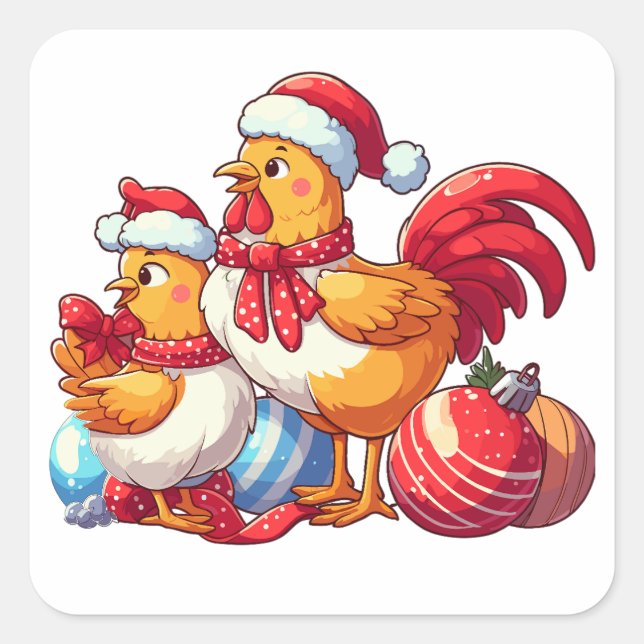 Сute Christmas Chickens, Xmas Farm Chickens   Square Sticker (Front)