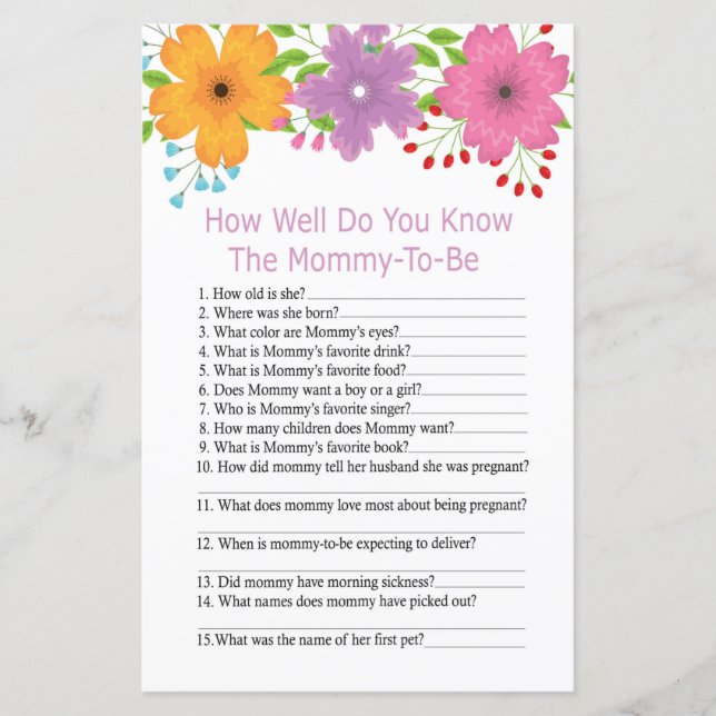 Сute flowers How well do you know baby shower game (Front)