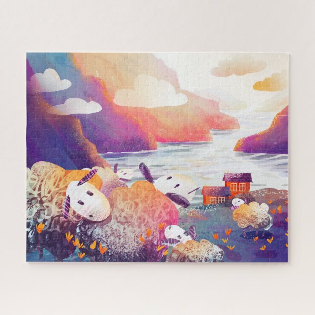 Сute sheep graze on the seashore jigsaw puzzle (Horizontal)