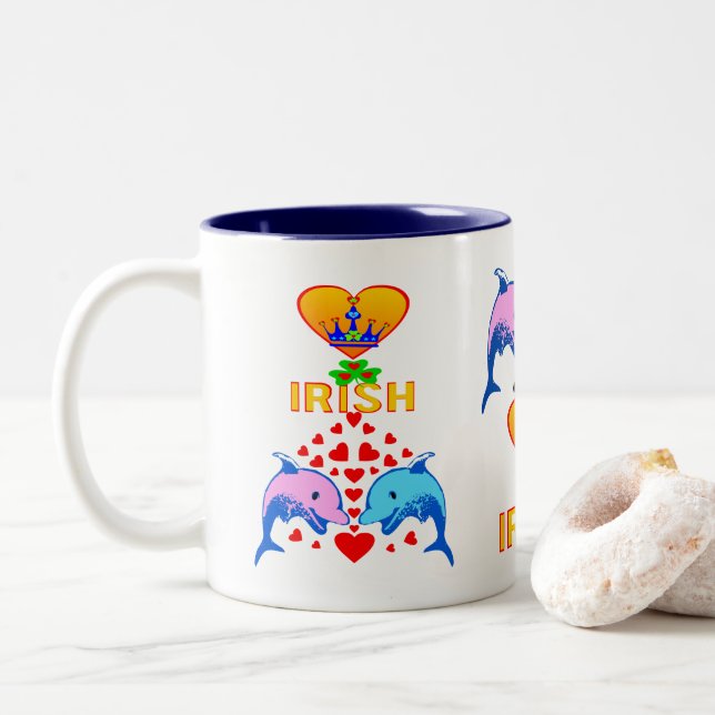 ♥ټ☘I Love Irish-Frisky Dolphin Couple Fab Classic Two-Tone Coffee Mug (With Donut)