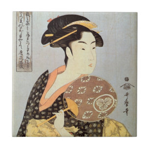うちわを持つ女, 歌麿 Woman with Round Fan, Utamaro, Ukiyo-e Tile