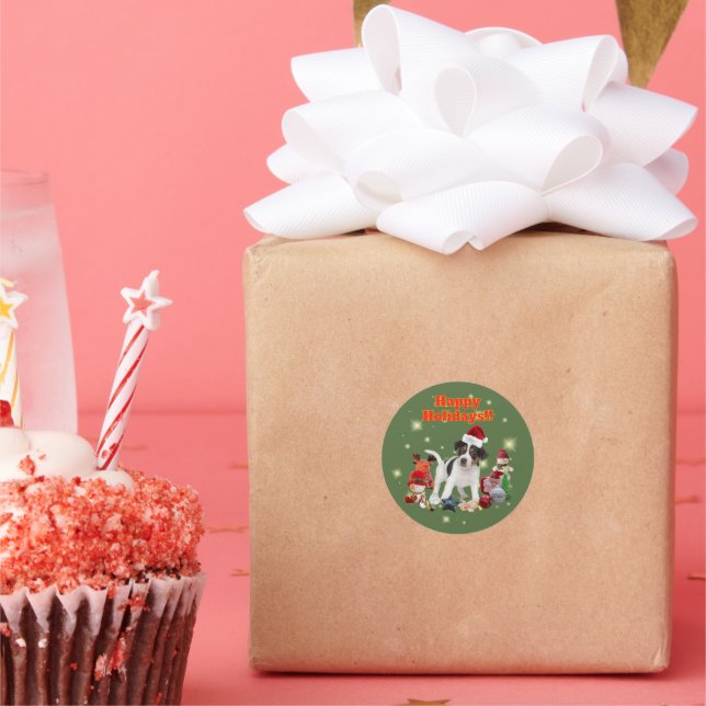 かわいいジャックラッセルテリアとおもちゃ ハッピーホリデー♡ CLASSIC ROUND STICKER (Party)