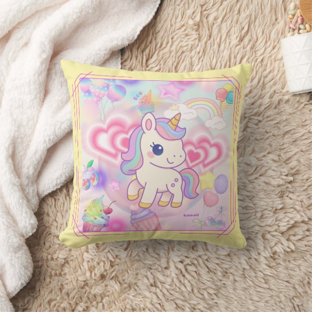 かわいいピンクのゆるふわユニコーン♡ THROW PILLOW (Blanket)