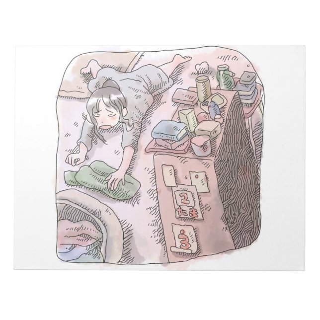 さないくじ　本棚のあるお部屋でたくさんの衣類を運んでいたら転んでしまった女性のイラスト NOTEPAD (Front)