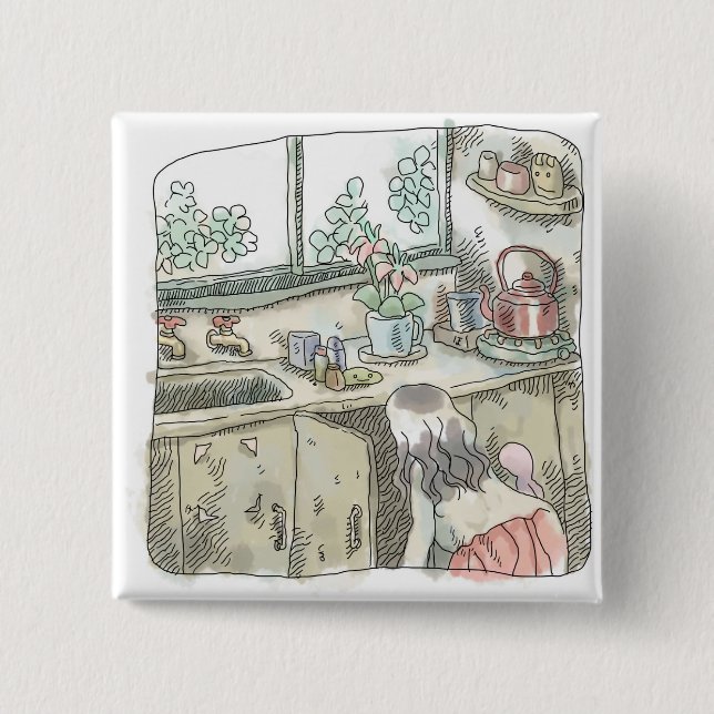 さないなじ　窓際で台所流しの下の棚を屈んで覗き込む女性のイラスト 2 INCH SQUARE BUTTON (Front)