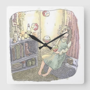 さなくごじ 薄暗いお部屋で柔らかい光を放つ浮いている物体と座っている女性のイラスト SQUARE WALL CLOCK