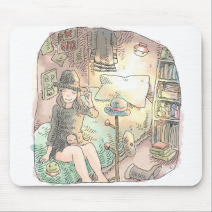 さなくしじ   薄暗い寝室のベッドに腰掛けて帽子をかぶってみる女性のイラスト MOUSE PAD