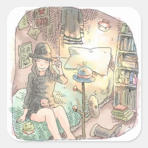 さなくしじ 薄暗い寝室のベッドに腰掛けて帽子をかぶってみる女性のイラスト SQUARE STICKER