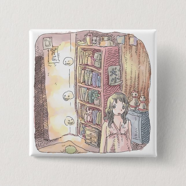 さなくむじ   薄暗いお部屋で本棚のそばに浮いているぼんやり光る物体と女性のイラスト 2 INCH SQUARE BUTTON (Front)