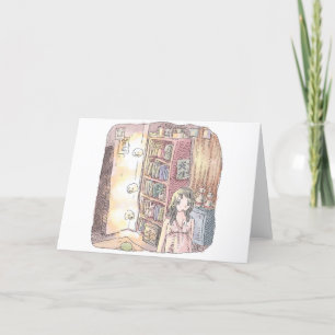 さなくむじ  薄暗いお部屋で本棚のそばに浮いているぼんやり光る物体と女性のイラスト HOLIDAY CARD