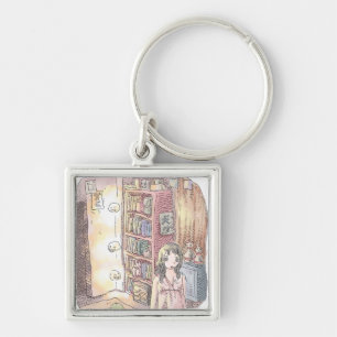 さなくむじ   薄暗いお部屋で本棚のそばに浮いているぼんやり光る物体と女性のイラスト KEYCHAIN