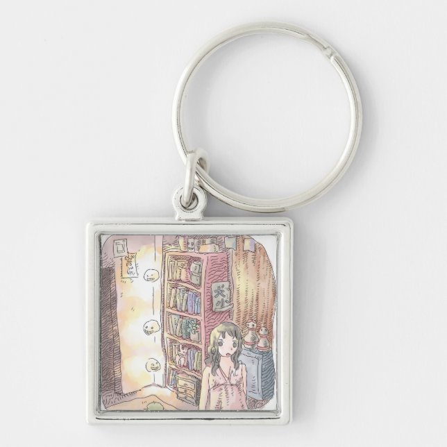 さなくむじ   薄暗いお部屋で本棚のそばに浮いているぼんやり光る物体と女性のイラスト KEYCHAIN (Front)
