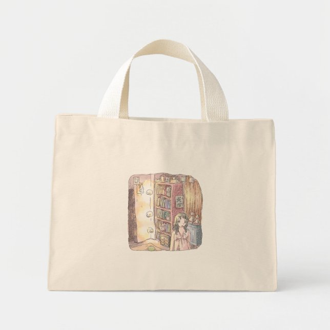 さなくむじ   薄暗いお部屋で本棚のそばに浮いているぼんやり光る物体と女性のイラスト MINI TOTE BAG (Front)