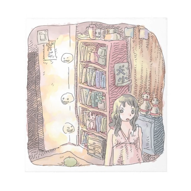 さなくむじ   薄暗いお部屋で本棚のそばに浮いているぼんやり光る物体と女性のイラスト NOTEPAD (Front)