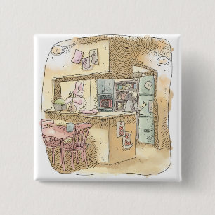 さなくれじ うさぎのいる黄色いキッチンで冷蔵庫を開けようとする女性の後ろ姿のイラスト 2 INCH SQUARE BUTTON