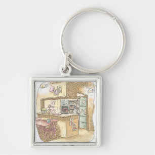 さなくれじ うさぎのいる黄色いキッチンで冷蔵庫を開けようとする女性の後ろ姿のイラスト KEYCHAIN