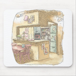 さなくれじ    うさぎのいる黄色いキッチンで冷蔵庫を開けようとする女性の後ろ姿のイラスト MOUSE PAD