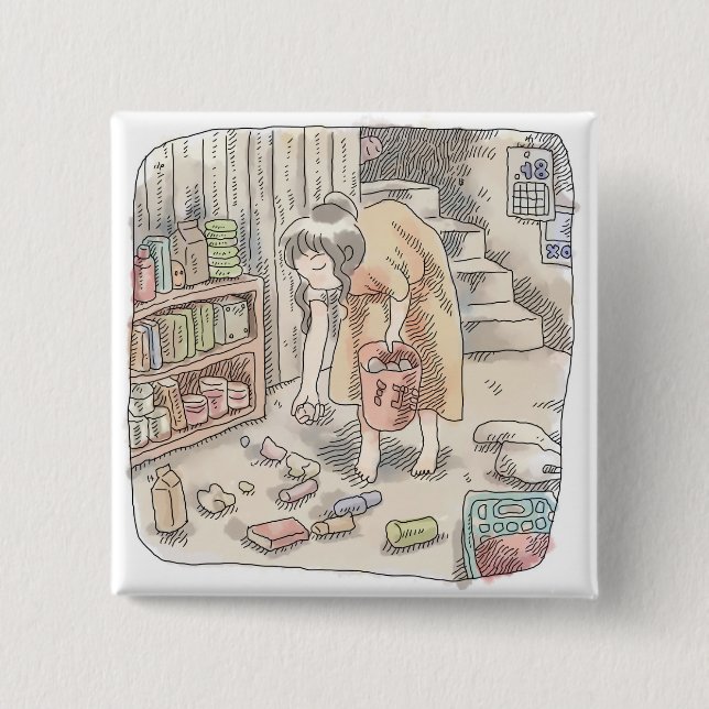 さなささじ  部屋の階段わきで屈んでたくさん落ちているゴミを拾う女性のイラスト 2 INCH SQUARE BUTTON (Front)