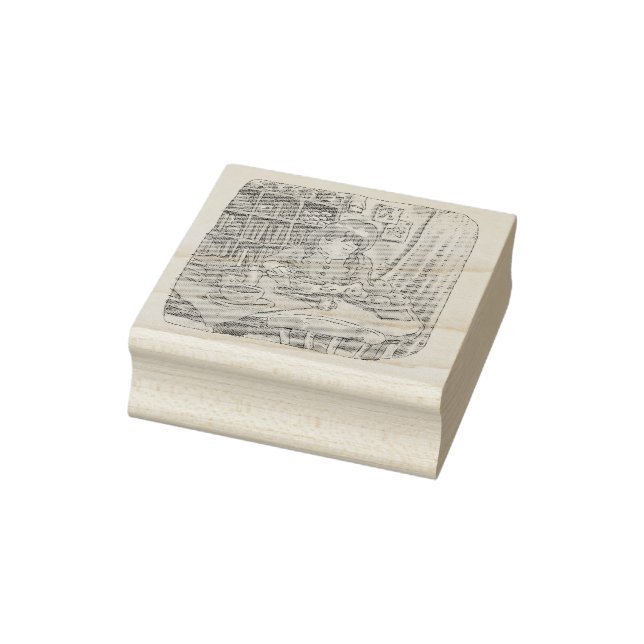 さななむじ　茶色いお部屋で机に向かい座ってお茶を楽しむ女性のイラスト RUBBER STAMP (Stamp)