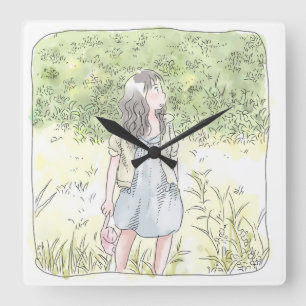 さなむなじ　緑の草原に立って周囲を見渡す女性のイラスト SQUARE WALL CLOCK