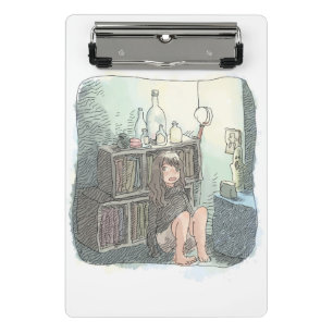 さなやにじ 薄明るい水色のお部屋の本棚のそばで座る素足の女性のイラスト MINI CLIPBOARD