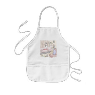 さにさごじ ぬいぐるみの置いてある寝室のベッドにへたり込んでいる女性のイラスト KIDS APRON