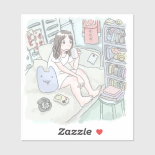 さにさなじ 水色のお部屋のベッドに腰掛けてマグカップの飲み物を飲む女性のイラスト