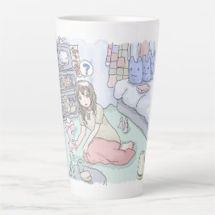 さにしれじ　緑のカーペットが敷いてある寝室でへたり込んでいる女性のイラスト LATTE MUG