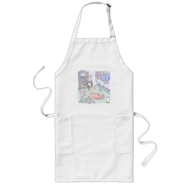 さにしれじ　緑のカーペットが敷いてある寝室でへたり込んでいる女性のイラスト LONG APRON (Front)