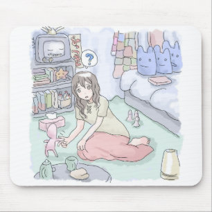 さにしれじ 緑のカーペットが敷いてある寝室でへたり込んでいる女性のイラスト MOUSE PAD