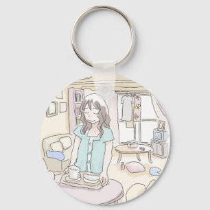 さにににじ お部屋で目を閉じて食器を片付ける女性のイラスト KEYCHAIN