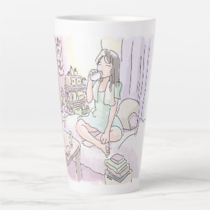 さにれなじ　明るい寝室でベッドの上であぐらをかいて飲み物を飲む女性のイラスト LATTE MUG