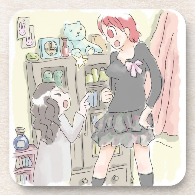 さむさにじ　部屋の棚の前で、向き合って口論をする身長差のあるふたりの女性のイラスト COASTER (Front)