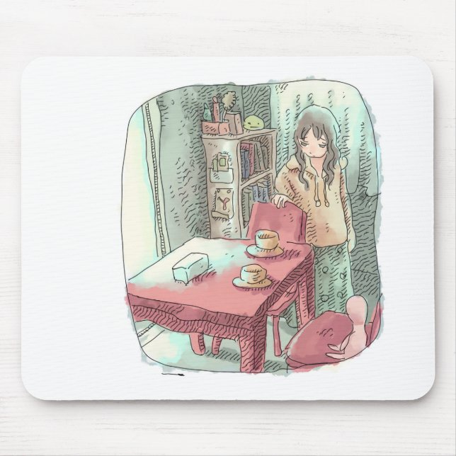 さやさいじ 　水色のお部屋で、赤いテーブルのそばに立つ女性のイラスト MOUSE PAD (Front)