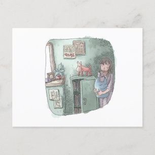 さやさくじ 水色のお部屋の隅の暗がりでぬいぐるみを持って目を閉じる女性のイラスト HOLIDAY POSTCARD