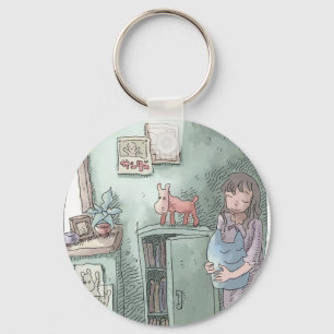 さやさくじ 水色のお部屋の隅の暗がりでぬいぐるみを持って目を閉じる女性のイラスト KEYCHAIN