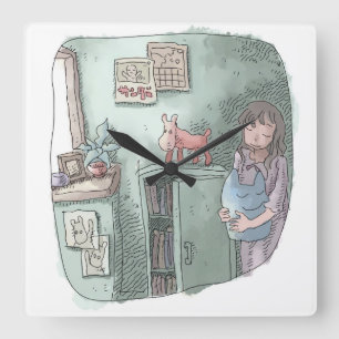 さやさくじ 水色のお部屋の隅の暗がりでぬいぐるみを持って目を閉じる女性のイラスト SQUARE WALL CLOCK