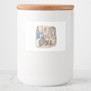 さやしくじ　衣類のかけてある部屋の座椅子に座ってテレビを見ながら靴下をはいている女性のイラスト FOOD LABEL