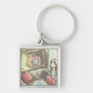 さやにくじ テレビのあるほの明るいお部屋で赤いクッションを手に持つ女性のイラスト KEYCHAIN